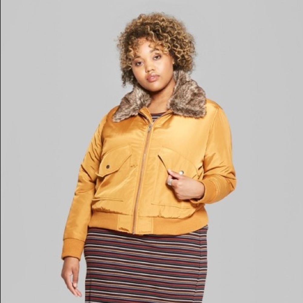 New Removable faux fur collar bomber Jacket -Camel - Picture 3 of 8